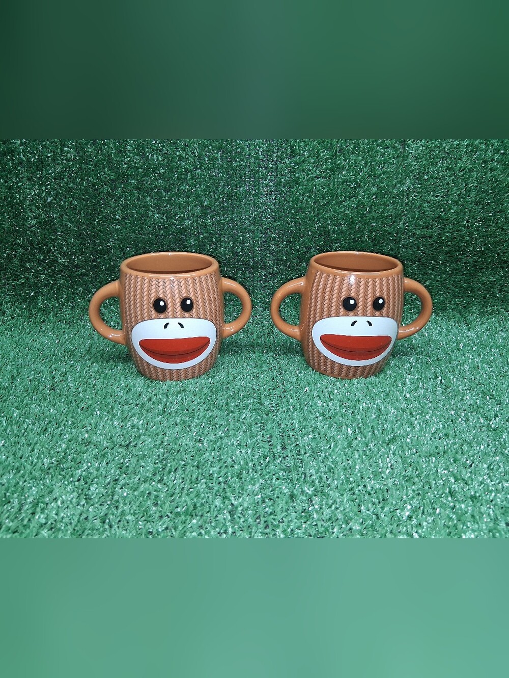Galerie Double Sided Double Handle Sock Monkey 8 oz Ceramic Coffee/Tea Cups/Mugs